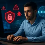Cybersecurity analyst monitoring threats on computer screen with digital icons representing cyber attacks, malware, and data protection.