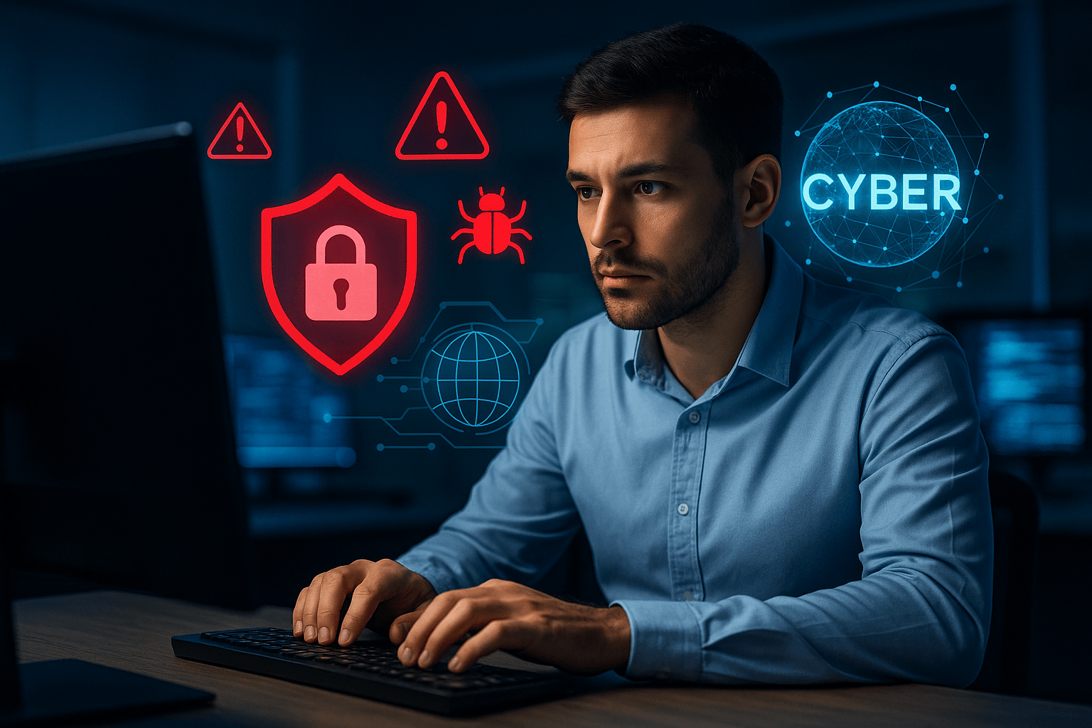 Cybersecurity analyst monitoring threats on computer screen with digital icons representing cyber attacks, malware, and data protection.