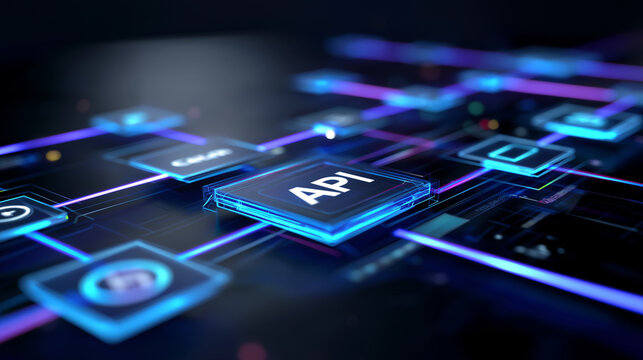 Digital visualization of API connections on a virtual interface symbolizing software integration and data exchange.