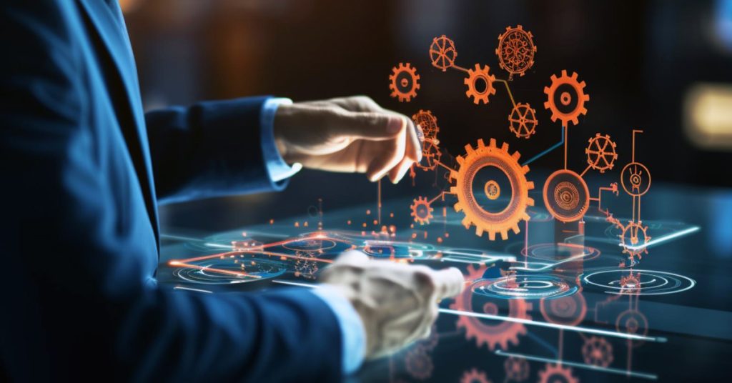 Business professional using a digital interface with automation icons representing AI-driven business process automation.