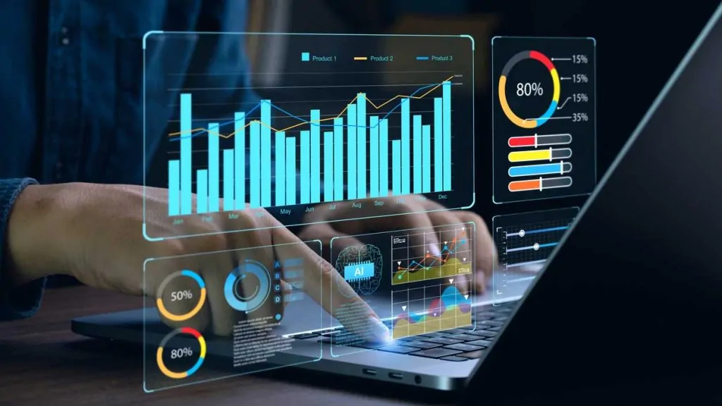 Business professional analyzing digital CRM dashboards on a laptop with interactive charts and data visualizations.