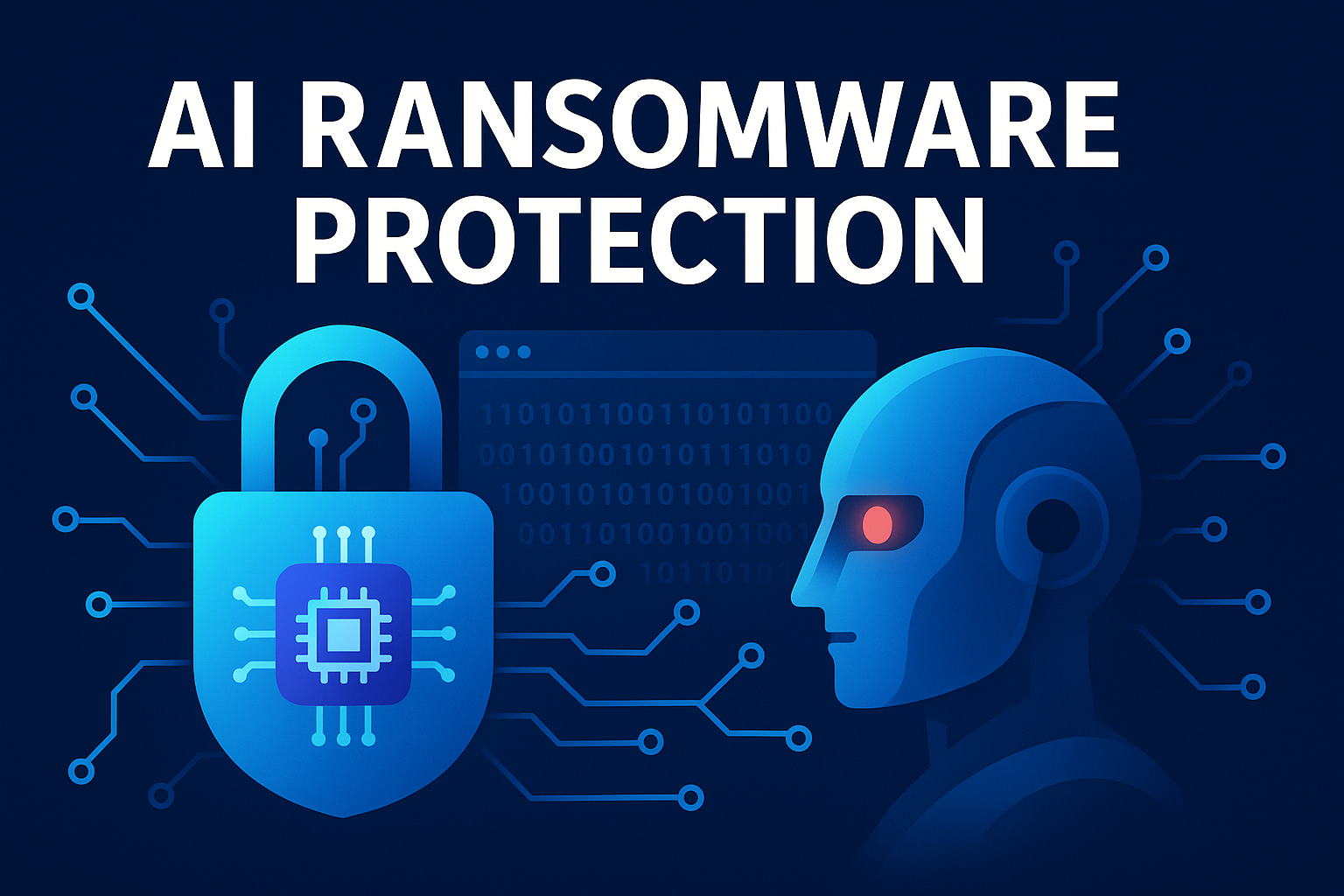 AI ransomware protection concept showing a digital padlock and AI robot face connected by cyber circuits on a dark blue background