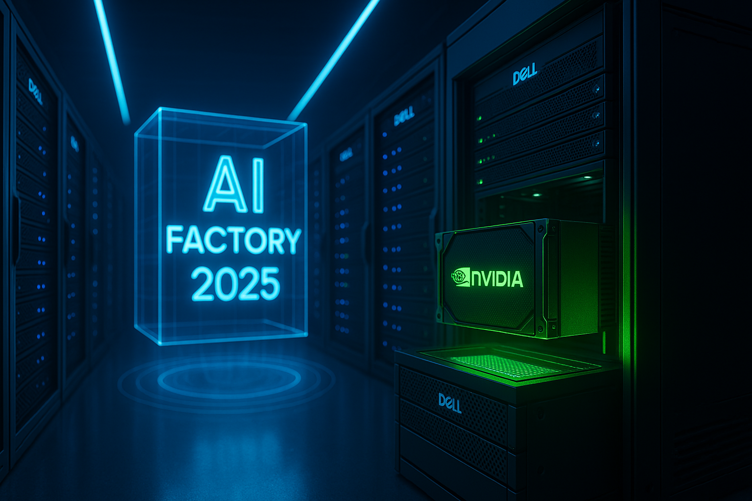 Dell and Nvidia collaboration showcasing the AI Factory 2025 concept in a high-tech data center with server racks and futuristic lighting