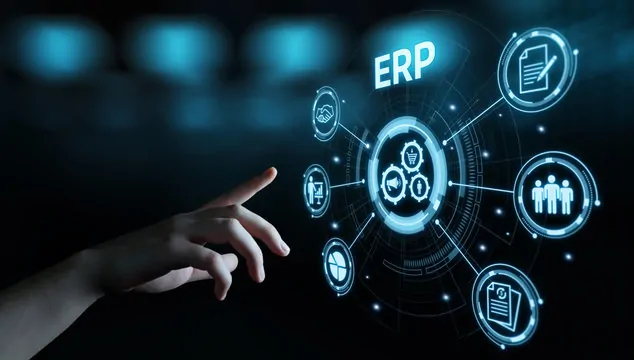 Hand interacting with digital ERP icons representing integrated business systems and enterprise automation.