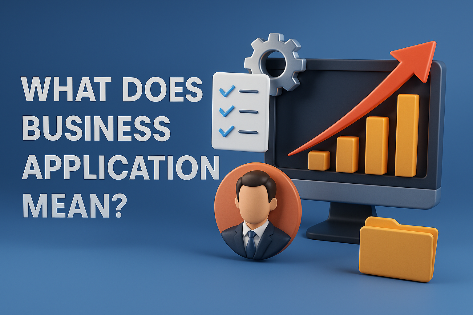 Illustration with icons and text asking 'What Does Business Application Mean?' representing software tools used in business operations.