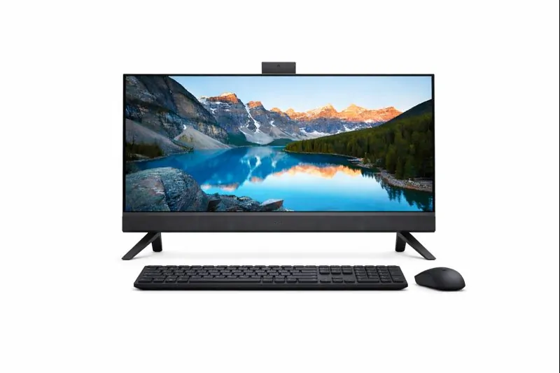 Dell All-in-One desktop PC setup with widescreen display, wireless keyboard, and mouse on a modern desk, ideal for business and home office use