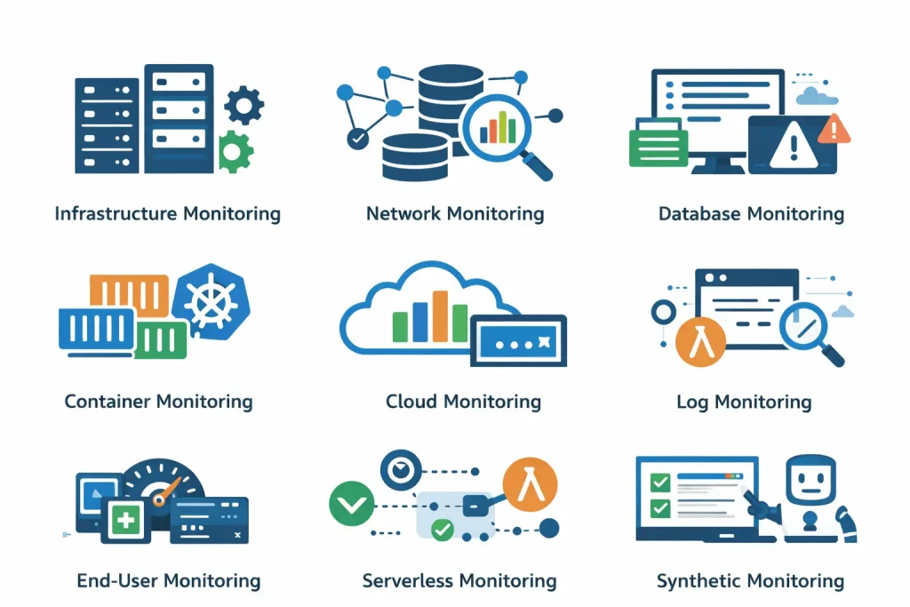 Minimal flat infographic showing different components of Application Performance Monitoring (APM) such as infrastructure, network, database, log, container, cloud, serverless, synthetic, and end-user monitoring, representing Dynatrace Application Performance Monitoring (APM) capabilities.