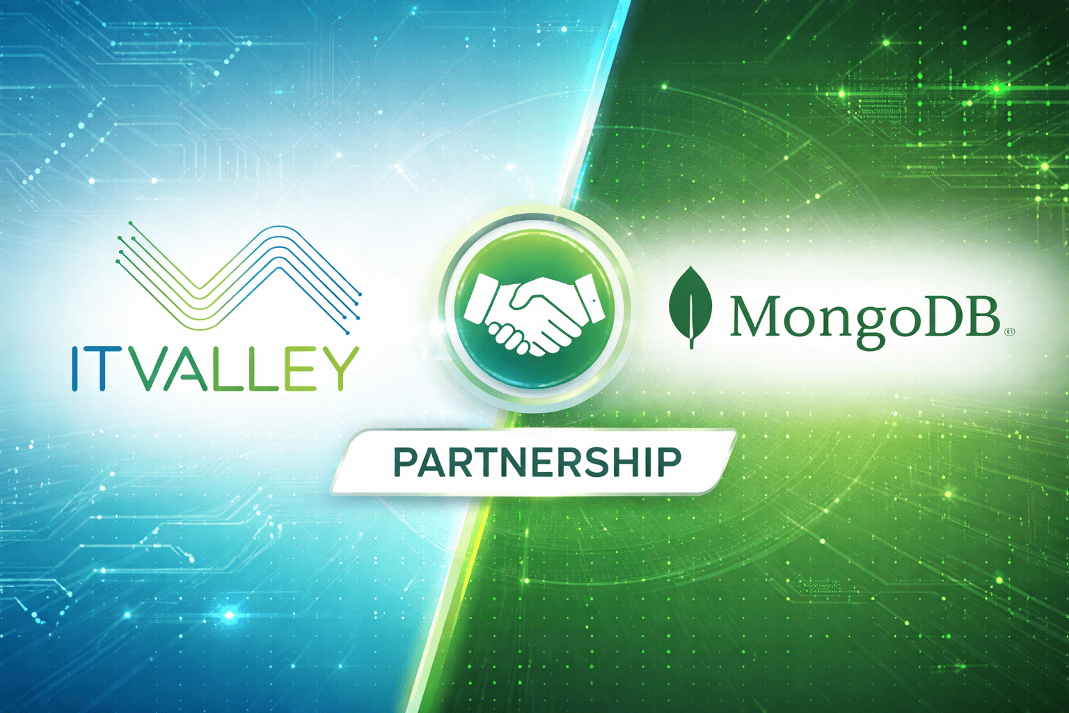 Logos of IT Valley and MongoDB showcasing partnership in Saudi Arabia for cloud database solutions, managed services, and NoSQL technology.
