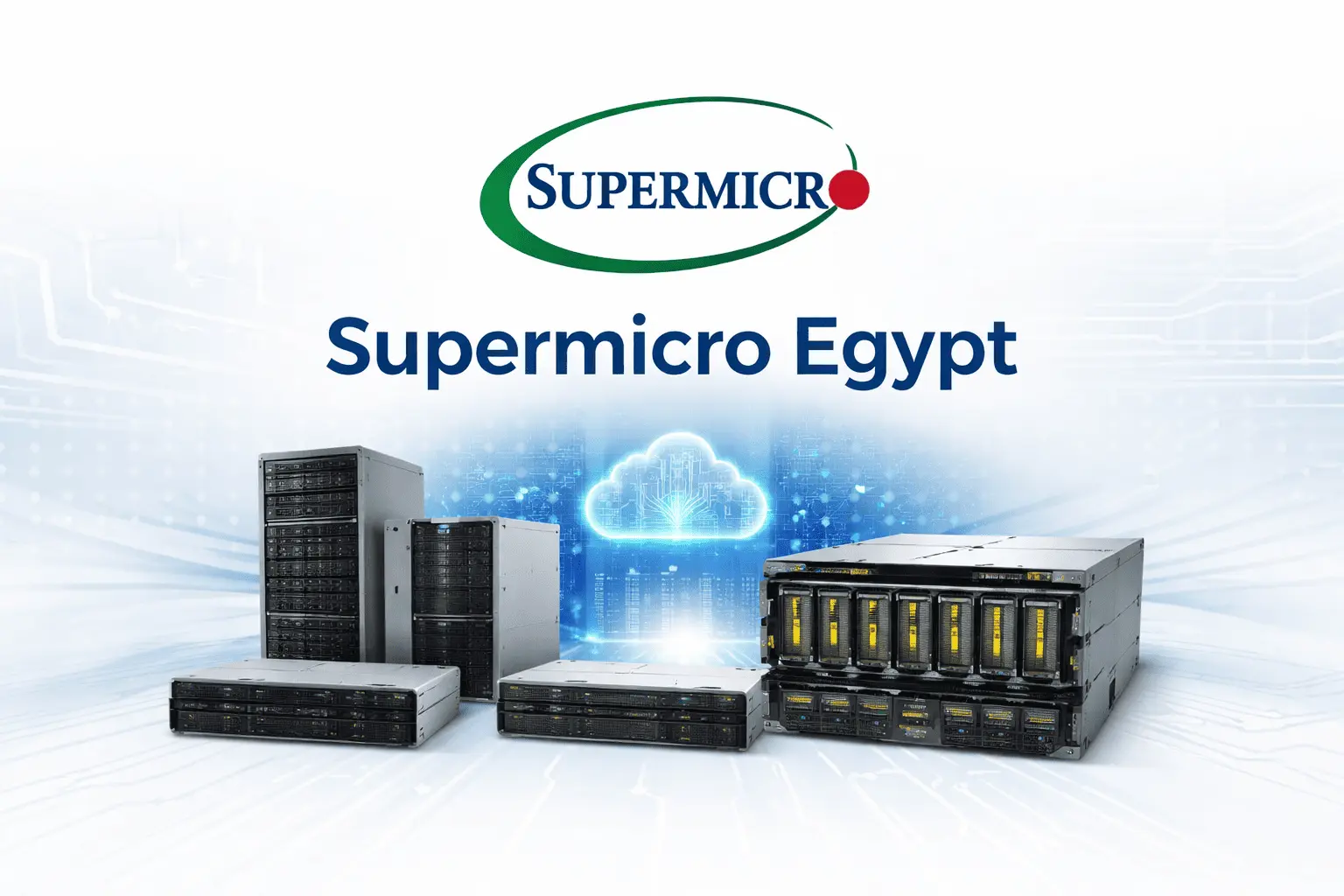 Official logo of Supermicro with images of GPU and AI-optimized servers showcasing different server types and rack solutions
