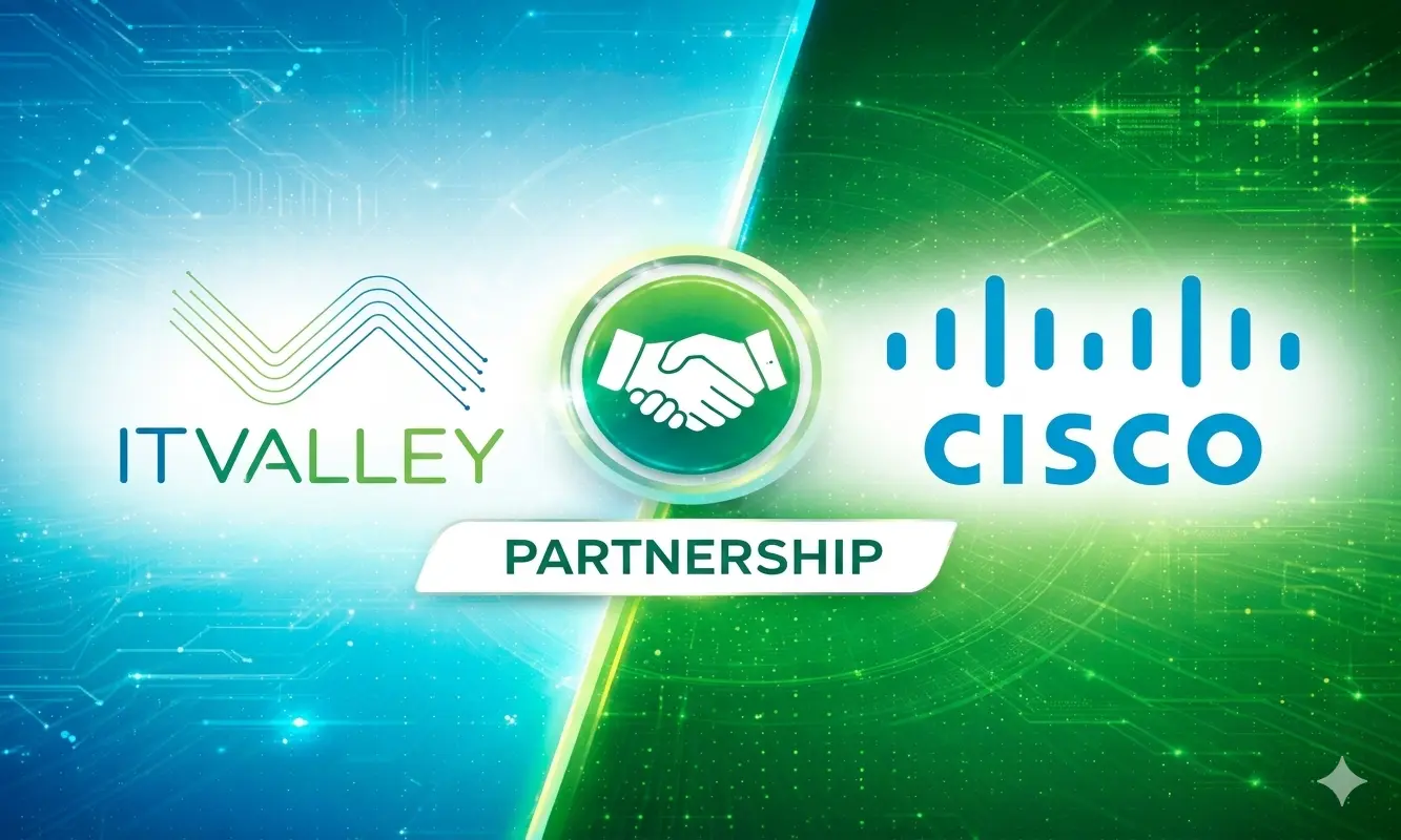 IT Valley branding alongside Cisco Systems logo representing official Cisco partnership in Saudi Arabia for networking, cybersecurity, and cloud solutions.