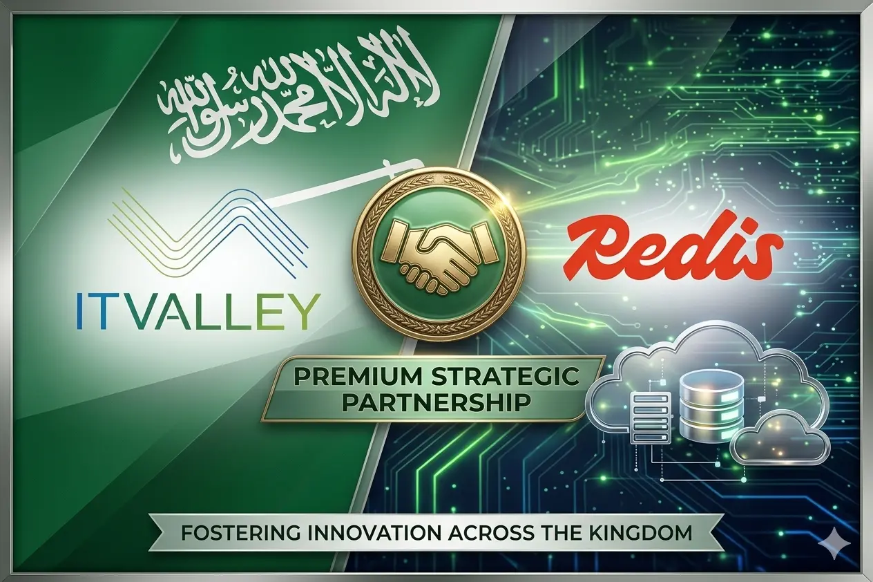 Strategic partnership graphic between IT Valley and Redis showing digital icons for Cloud Data Storage, high availability, and real-time database solutions in Saudi Arabia.