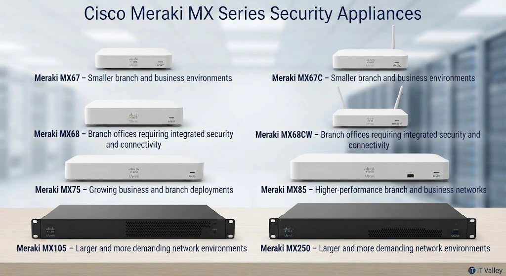 Grid display of various Cisco Meraki MX Series security appliances and firewalls (ranging from small branch models like MX67 and MX68 to high-performance and enterprise models like MX85, MX105, and MX250) with model labels, provided by IT Valley in Saudi Arabia.