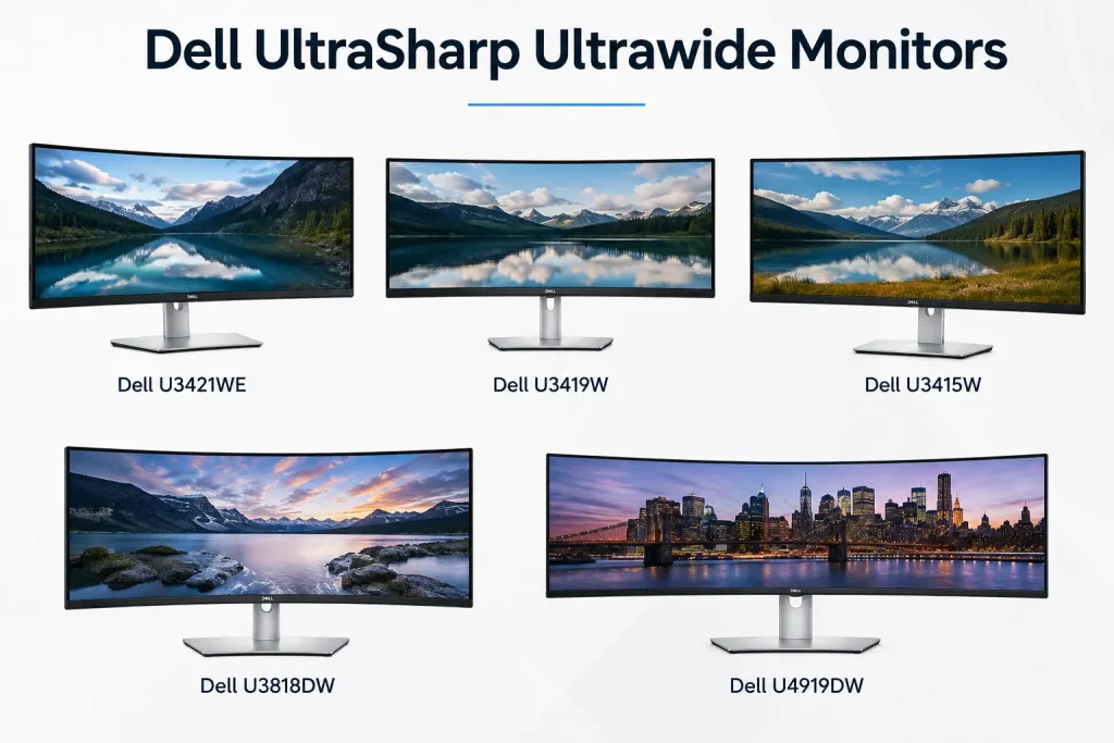 Dell UltraSharp Ultrawide monitors including U3421WE, U3419W, U3415W, U3818DW, and U4919DW