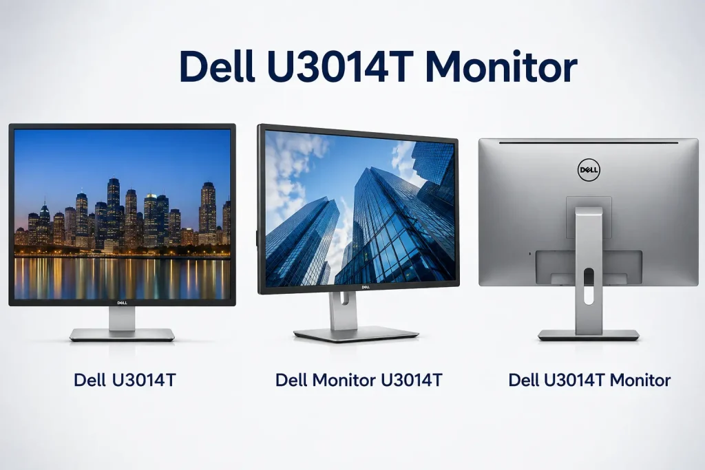 Dell U3014T Monitor shown from front, angled, and rear views.