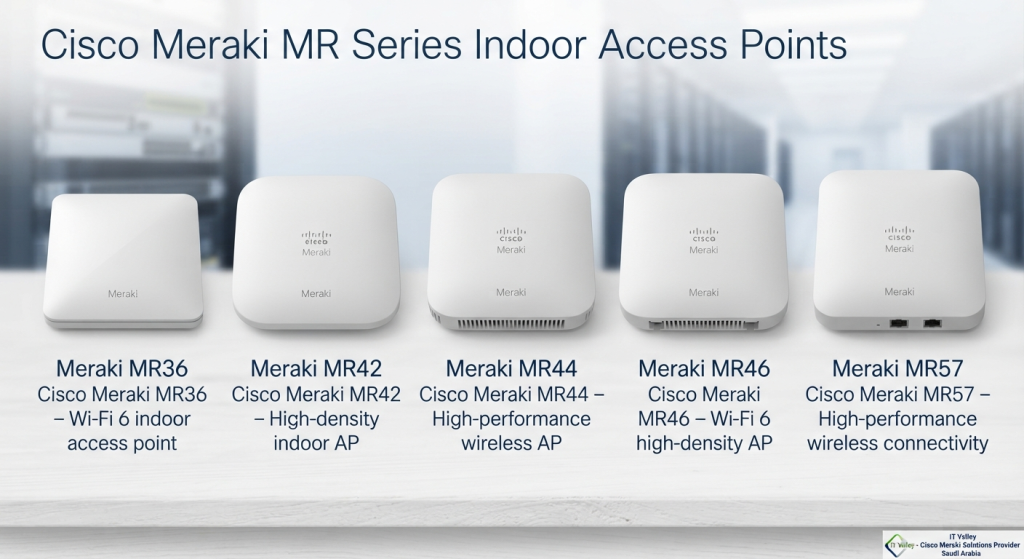 Cisco Meraki MR Series indoor access points supplied by IT Valley in Saudi Arabia, featuring models from the MR36 to the high-performance MR57.