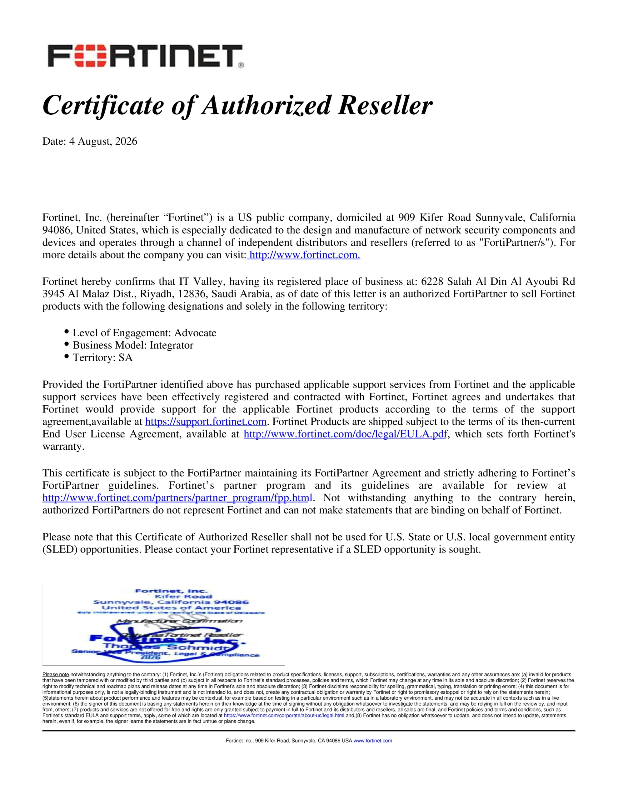 IT Valley Authorized Fortinet reseller Certificate confirming official FortiPartner status in Saudi Arabia for certified cybersecurity and network security solutions
