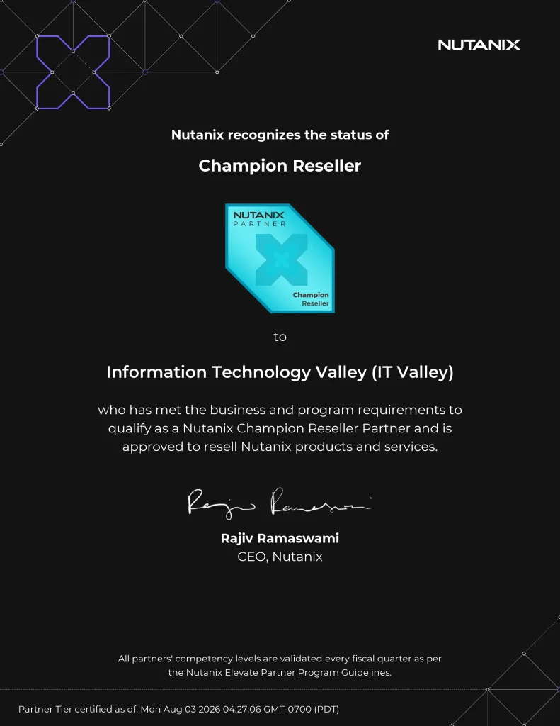IT Valley official Nutanix Partner Certificate for delivering certified enterprise infrastructure and hybrid cloud solutions in Saudi Arabia