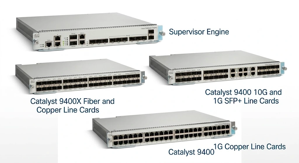 Cisco Catalyst 9400 Series Supervisor Engine and line cards on a white background