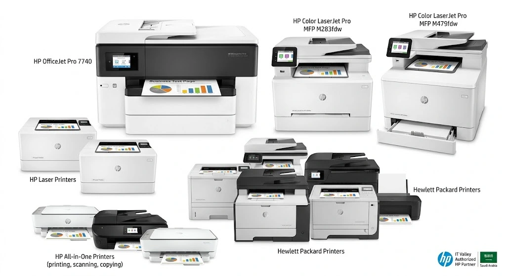 A variety of HP business printers on a white background, including LaserJet and OfficeJet Pro models. A variety of HP business printers on a white background, including LaserJet and OfficeJet Pro models.