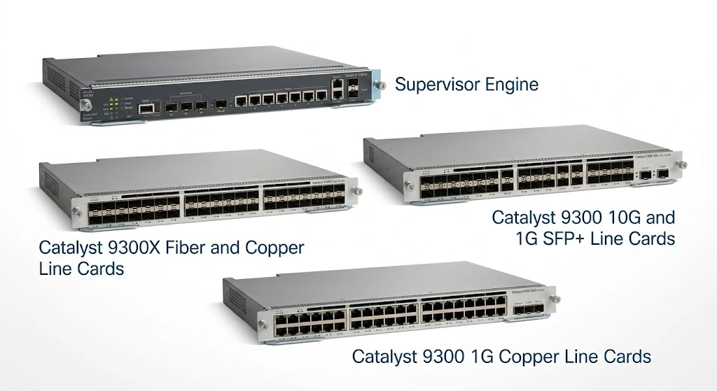 Cisco Catalyst 9300 Series switches including 9300X, PoE, and 1G models on a white background
