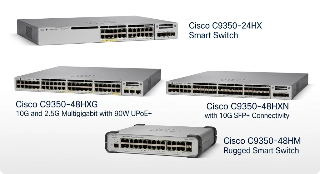 Cisco C9350 Series smart switches including C9350-24/48HX, C9350-48HXG with 90W UPoE+, and C9350-48HM rugged models on a white background