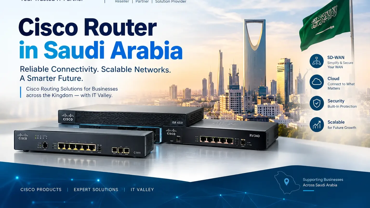 Looking for a Cisco router in Saudi Arabia? Explore Cisco routing, SD-WAN, cloud, and enterprise solutions with IT Valley, a Cisco reseller and solution provider.